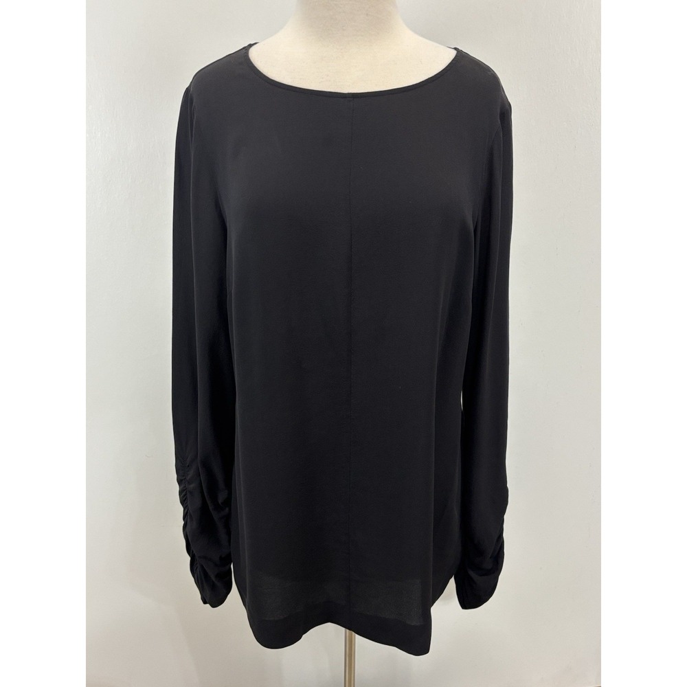 Tory Burch Silk Blouse Sz 12 Women's Black Ruched Sleeves Tunic Flowy Classic